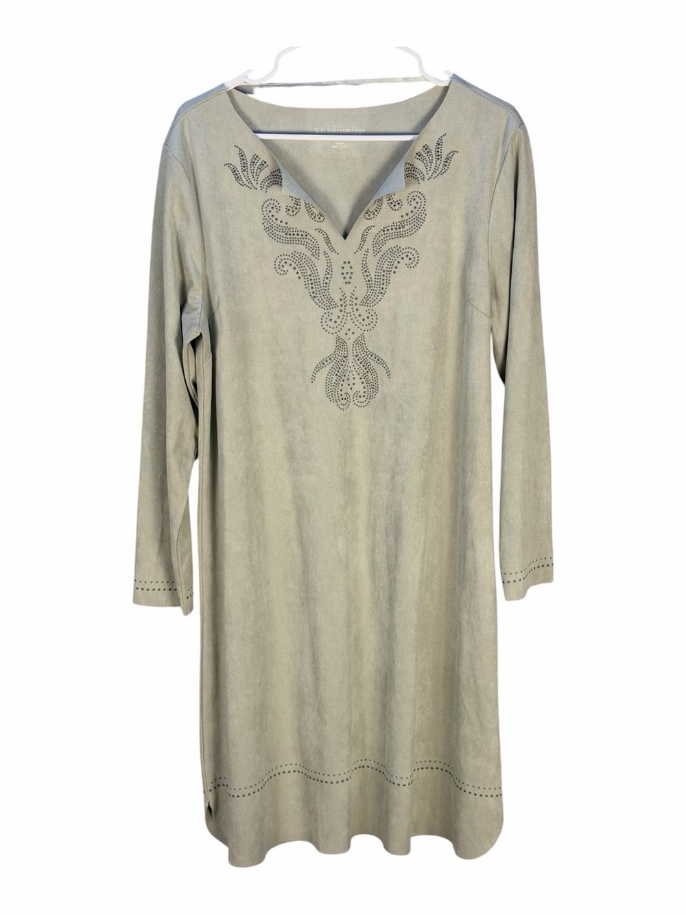 Soft Surroundings Sage Green Ambrosia Dress Faux Suede Embellishments.